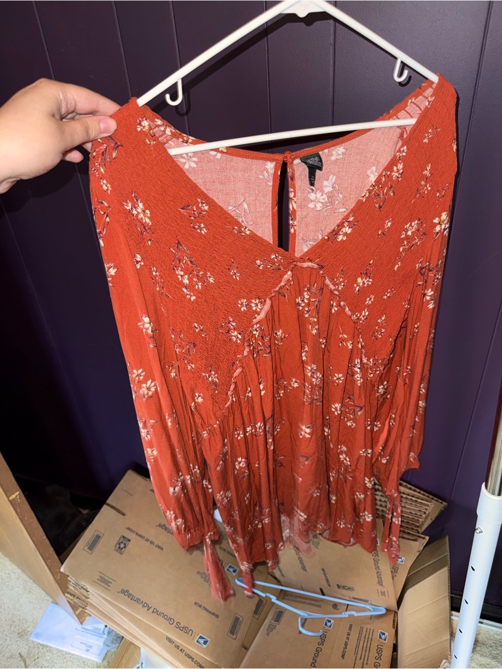 Rust Floral V-Neck Tiered Boho Dress